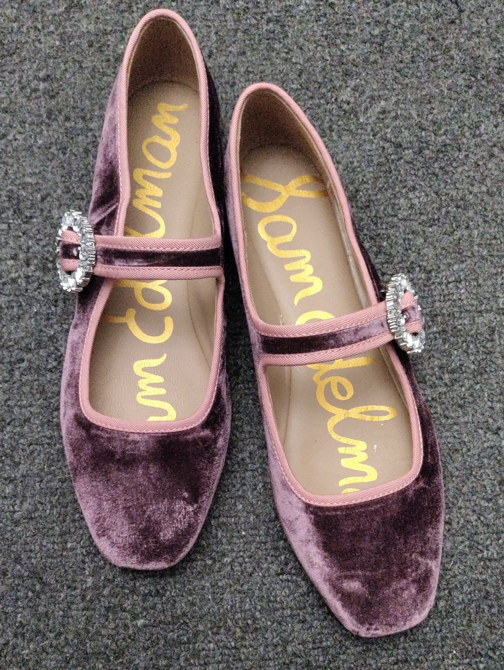 Sam Edelman Mauve Velvet Mary Jane Flats with Crystal Buckle